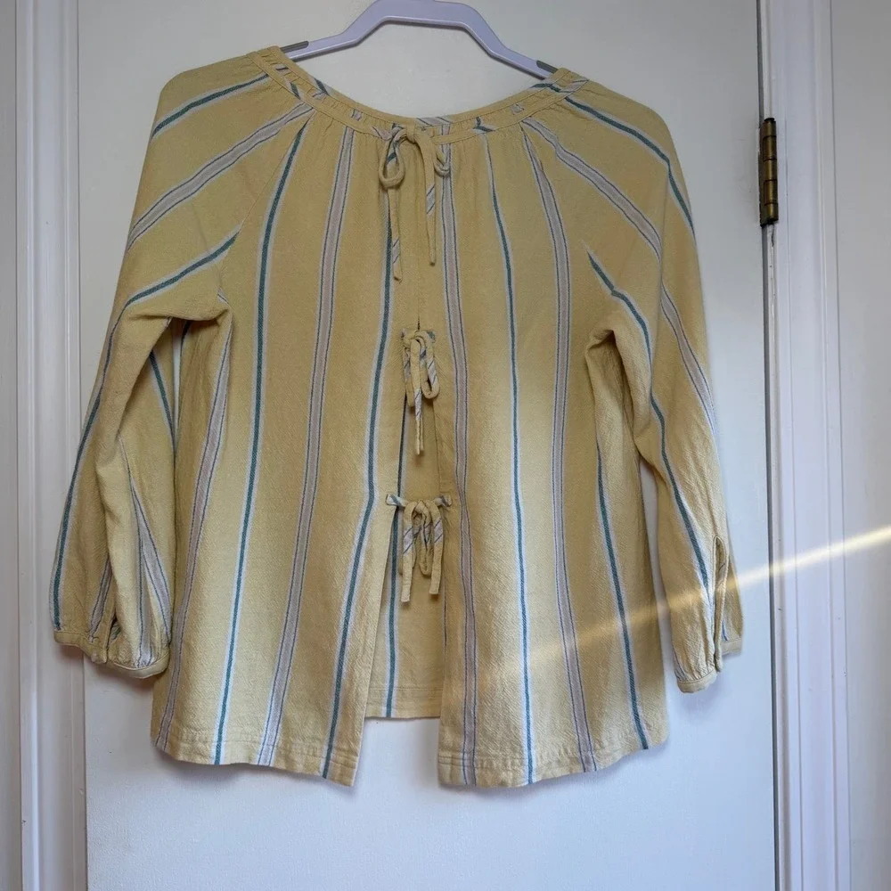 Madewell Yellow Striped Linen Blend Tunic Shirt Top Women's XS Split Back Ties